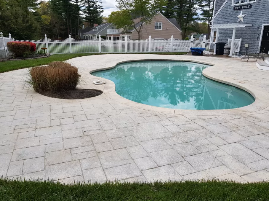 Stamped Concrete Pool Deck Cleaning in Hingham, MA