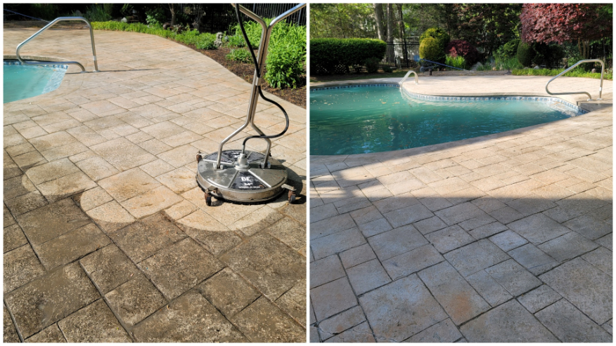 Cleaning Yet Another Neglected Stamped Concrete Pool Deck in Duxbury, MA